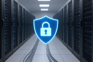Modern data center with secure digital server racks illuminated by security shield.