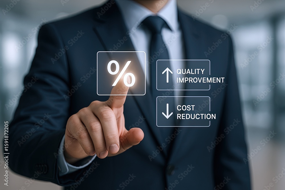 Poster professional businessman in suit using transparent touch screen interface with icons.