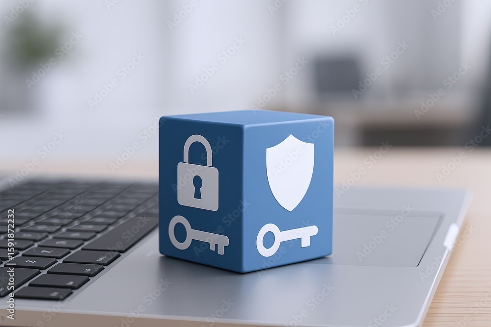 Aufkleber digital security concept with padlock shield and key icons on blue cube on laptop keyboard.