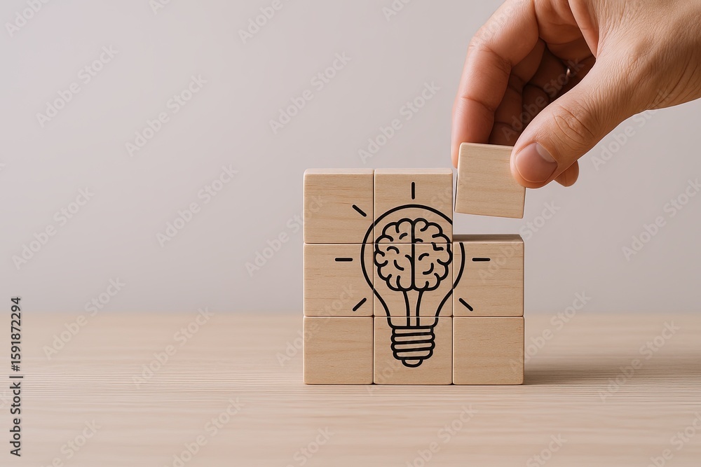 Aufkleber hand placing wooden block with brain and lightbulb sketch on stacking cubes.