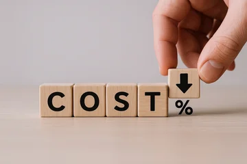 Gordijnen Hand placing wooden block with downward arrow above word cost with percentage symbol on table. © Generative AI