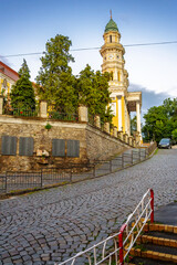 uzhhorod, ukraine - 9 jul 2012: exterior of holy cross greek catholic cathedral on the hill in...
