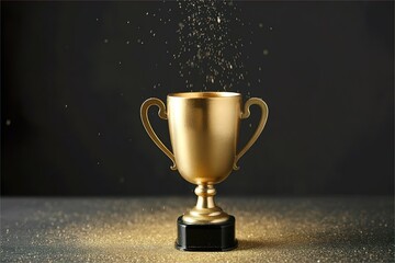 gold flake dust fall on golden trophy cup. valuable prize and award