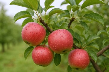 Obraz premium Fresh ripe apples hanging on tree branch with green leaves in orchard during daytime.