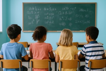 Diverse group of children sitting in classroom facing chalkboard with mathematical equations.