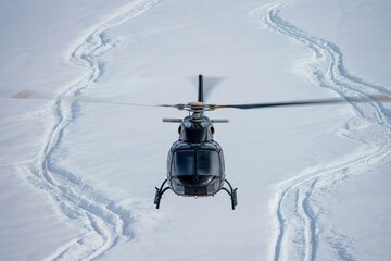 helicopter fly above snowy winter landscape