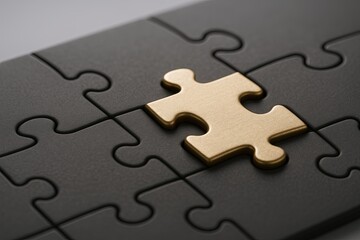 Obraz premium Close-up of a single beige puzzle piece fitting into a dark gray puzzle background.