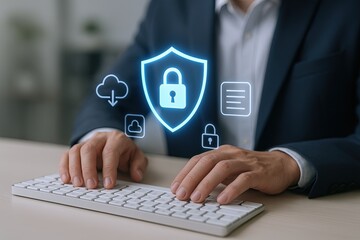 Digital security concept with shield and lock icons over a person typing on keyboard in office environment.