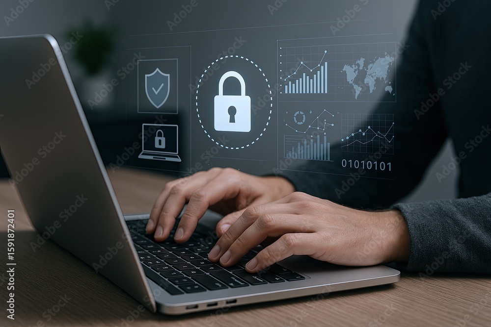 Aufkleber modern cybersecurity concept featuring laptop and digital security icons and data visualization.
