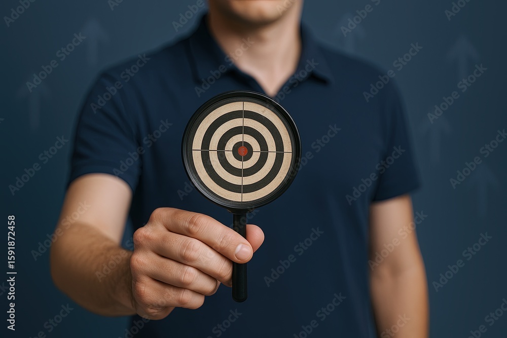 Poster man holding a small target board with concentric circles and bullseye for aiming practice.