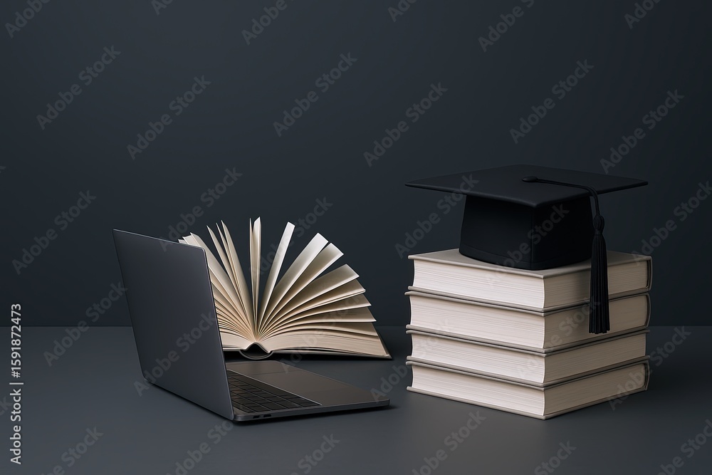 Aufkleber open laptop computer with an open book next to a stack of books and a graduation cap on dark backgro
