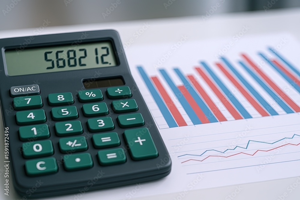 Poster business financial analysis with calculator and colorful bar chart showing data visualization.