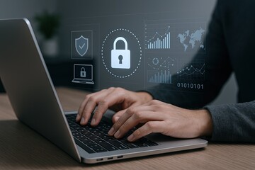 Modern cybersecurity concept featuring laptop and digital security icons and data visualization.
