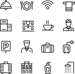 Hotel Amenities and Hospitality Services Line Icon Set