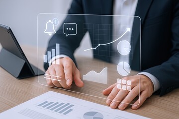 Businessman interacting with transparent digital data visualization interface on tablet.