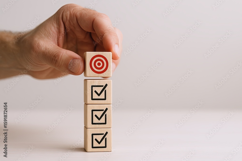 Poster hand holding wooden blocks with checkmarks and target symbol on plain background.
