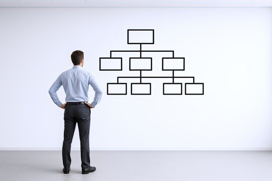 Businessman Standing and Analyzing a Large Hierarchical Organizational Chart on White Wall.