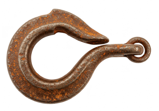 A rusty metal hook with a circular loop and attachment point, isolated on transparent background