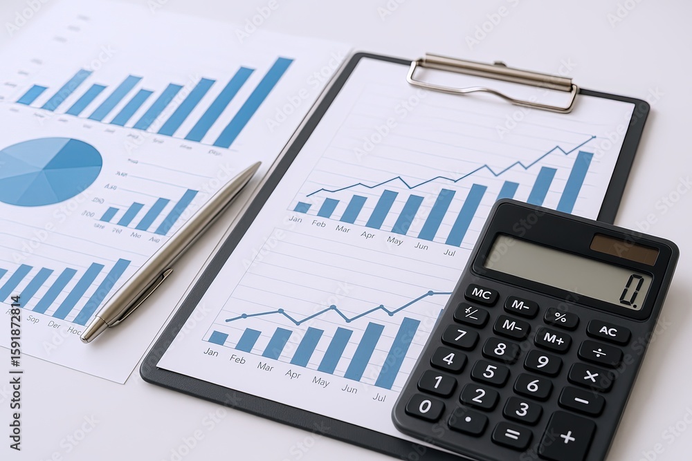 Poster business financial charts with graphs and calculator on clipboard for data analysis.