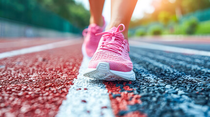 Athletic woman in pink sneakers running on a vibrant outdoor track with blurred background scenery