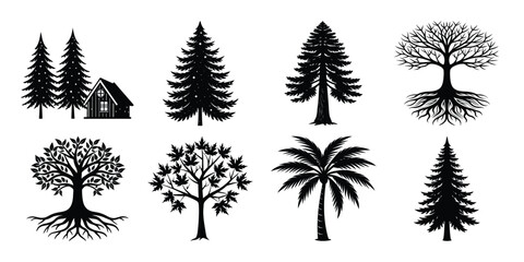 Obraz premium Collection of stylized black silhouette trees; cabin, evergreen, palm, maple, and root illustrations.