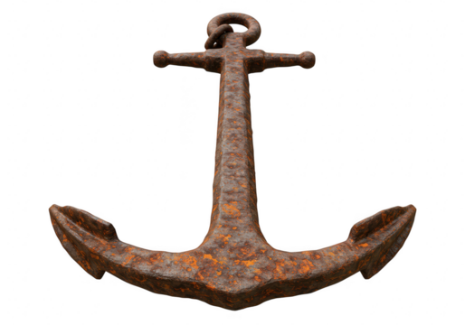 A rusty metal anchor with a crossbar and a loop for a chain, isolated on transparent background