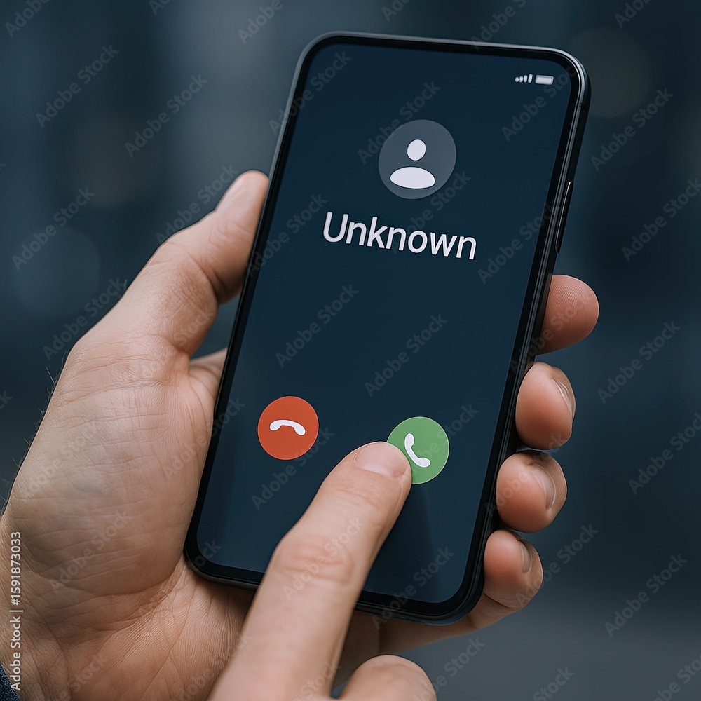 Poster hand holding smartphone with an incoming call from an unknown contact on dark background.