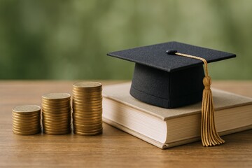 Graduation cap resting on a book beside stacked coins symbolizing education and financial growth.