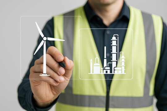 Engineering Technician Monitoring Wind Turbine and Power Plant Data with Digital Interface.