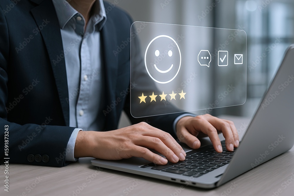 Poster businessperson using transparent digital feedback interface with analytics and ratings.