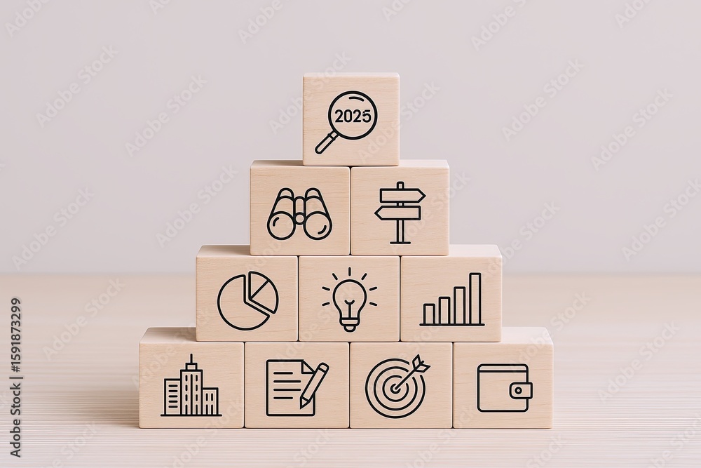 Poster modern wooden blocks arranged in a pyramid with icons representing planning and organization.