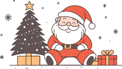Cute Cartoon Santa Claus Sitting Beside Christmas Tree and Gifts Illustration