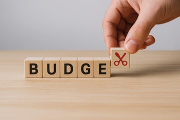 Hand placing a scissors block over the word budget spelled with wooden blocks on table.
