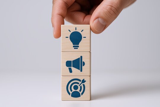 Hand placing wooden blocks with light bulb megaphone and target icons on gray background.