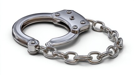 Obraz premium A detailed close up view of a polished silver metal handcuff with a connecting chain against a clean white background