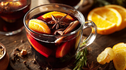 Close-up of a hot mug of mulled wine with orange slices, cinnamon and spices, set in warm golden light. Traditional Christmas drink and cozy winter celebration