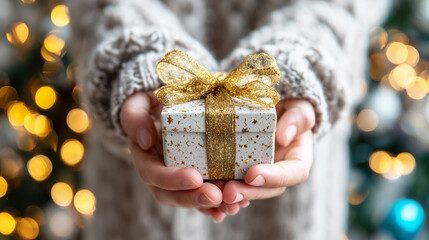 Close-up of female hands holding a small Christmas gift box with a shiny golden bow, glowing festive lights in the background. Holiday season giving and winter celebration