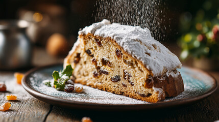 Close-up of a slice of traditional Christmas stollen dusted with powdered sugar on a rustic plate. Holiday dessert in natural light with warm winter atmosphere