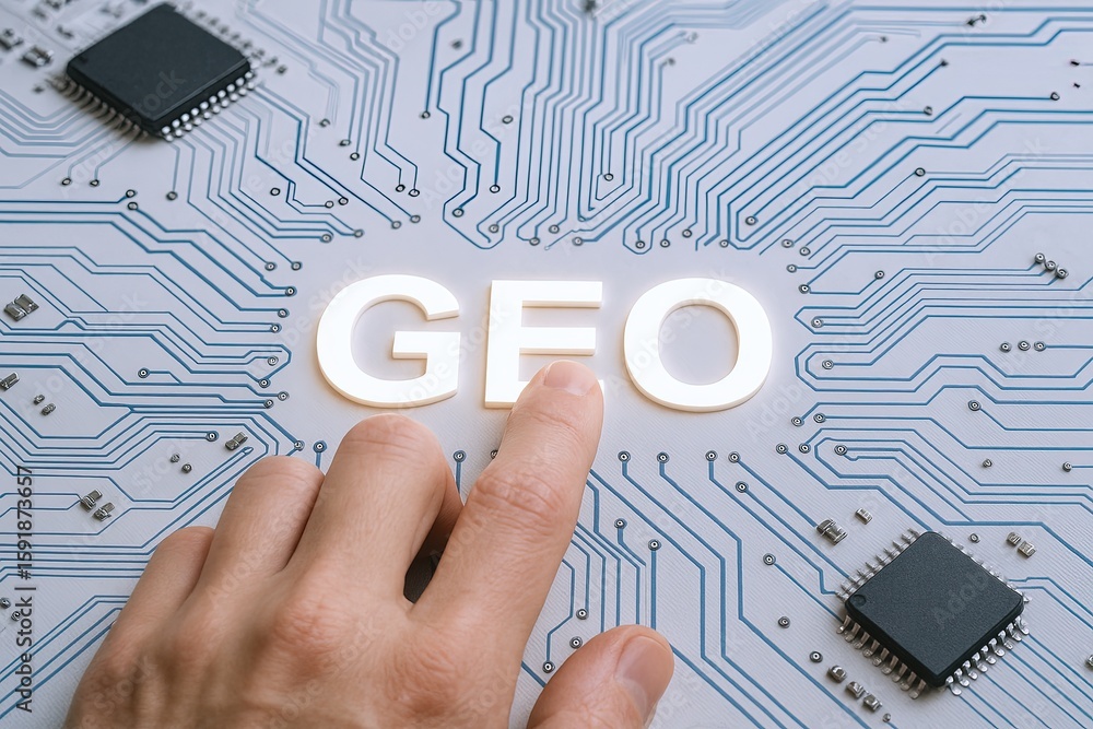 Poster close-up of a hand pointing to the word geo on a circuit board background with electronic components