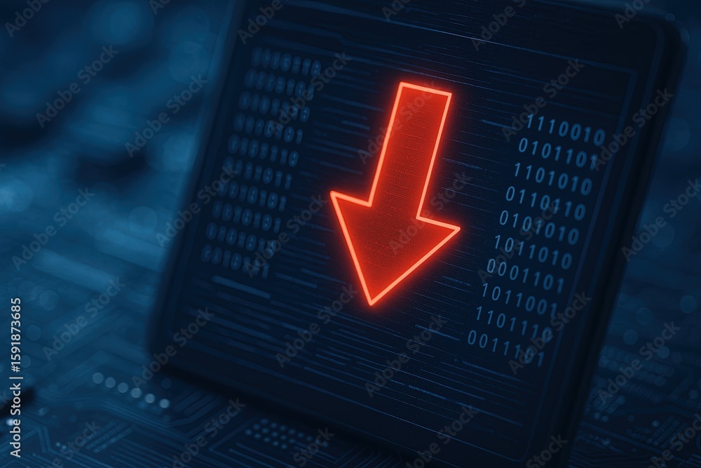 Aufkleber digital data downloading and cyber security concept with downward arrow symbol.
