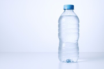 Clear plastic water bottle with blue cap on plain white background.