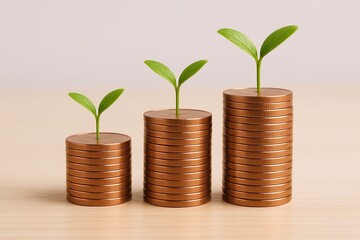 Increasing growth concept with stacked coins and sprouting plants symbolizing financial progress.