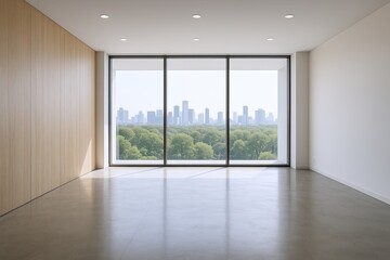 Modern spacious empty room with large glass windows overlooking city and greenery.