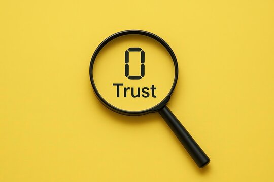 Magnifying glass with digital display showing the word trust and number zero on bright yellow background.