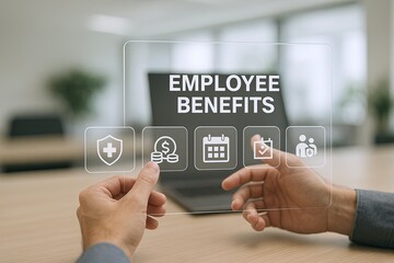 Modern employee benefits concept with digital interface and icons on transparent screen in office.