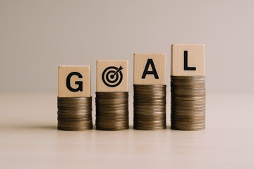 Business growth and success concept with wooden blocks spelling G A L over stacked coins.