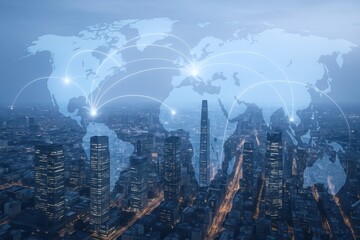 Modern city skyline at night with digital globe overlay featuring global connectivity and communication lines.