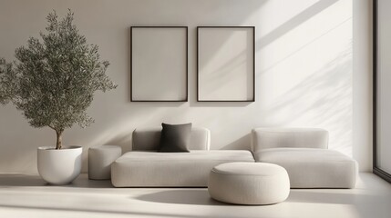 Minimalist living room scene with a modern sectional sofa and potted tree.