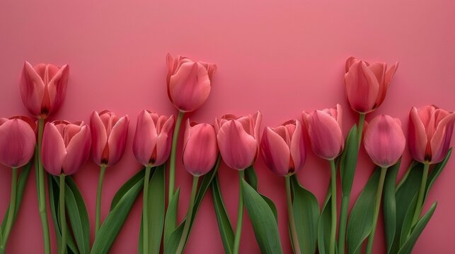 Pink tulips isolated on clear pink background, minimalistic pink wallpaper
