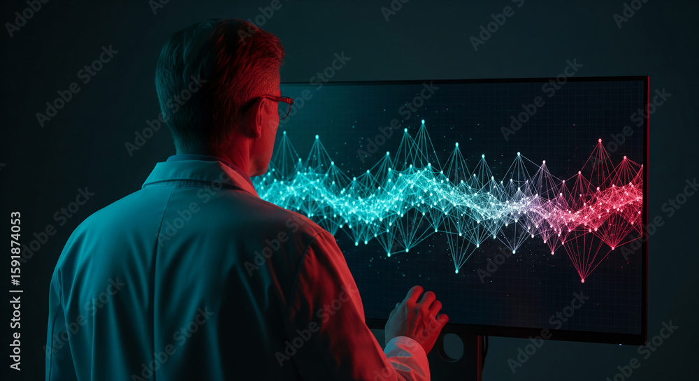 Poster scientist's back, interacting with a large screen displaying a vibrant, interconnected data visualiz
